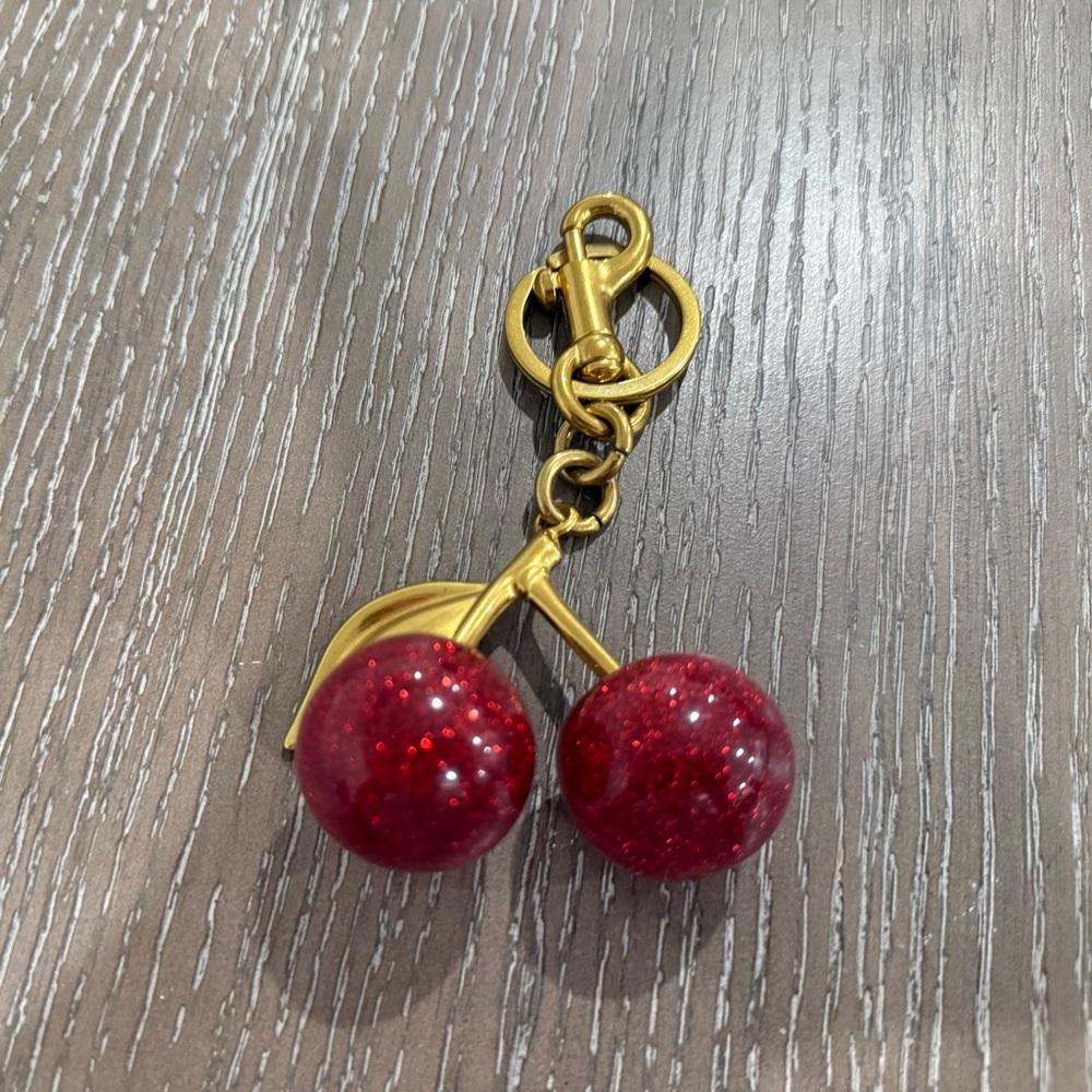 Gold Tone Cherry Keychain with Red Glitter Charms Summer Style